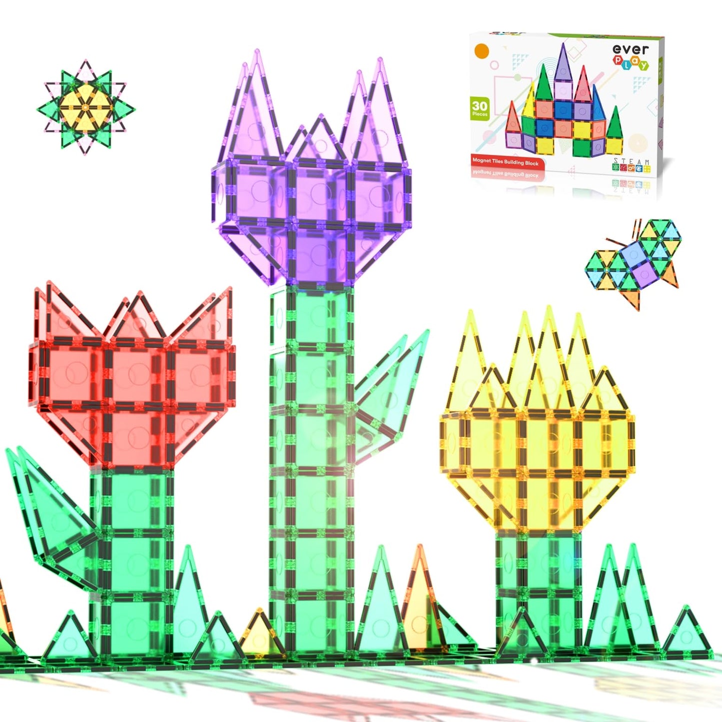 Everplay 30Pc Magnetic Tile Building Block Set Construction Magnet Tiles Toy Blocks Stem Educational Learning Kit Toddler Preschool Games Rocket Playset Toys Unlimited Creation Boys Girls Age 3 And Up