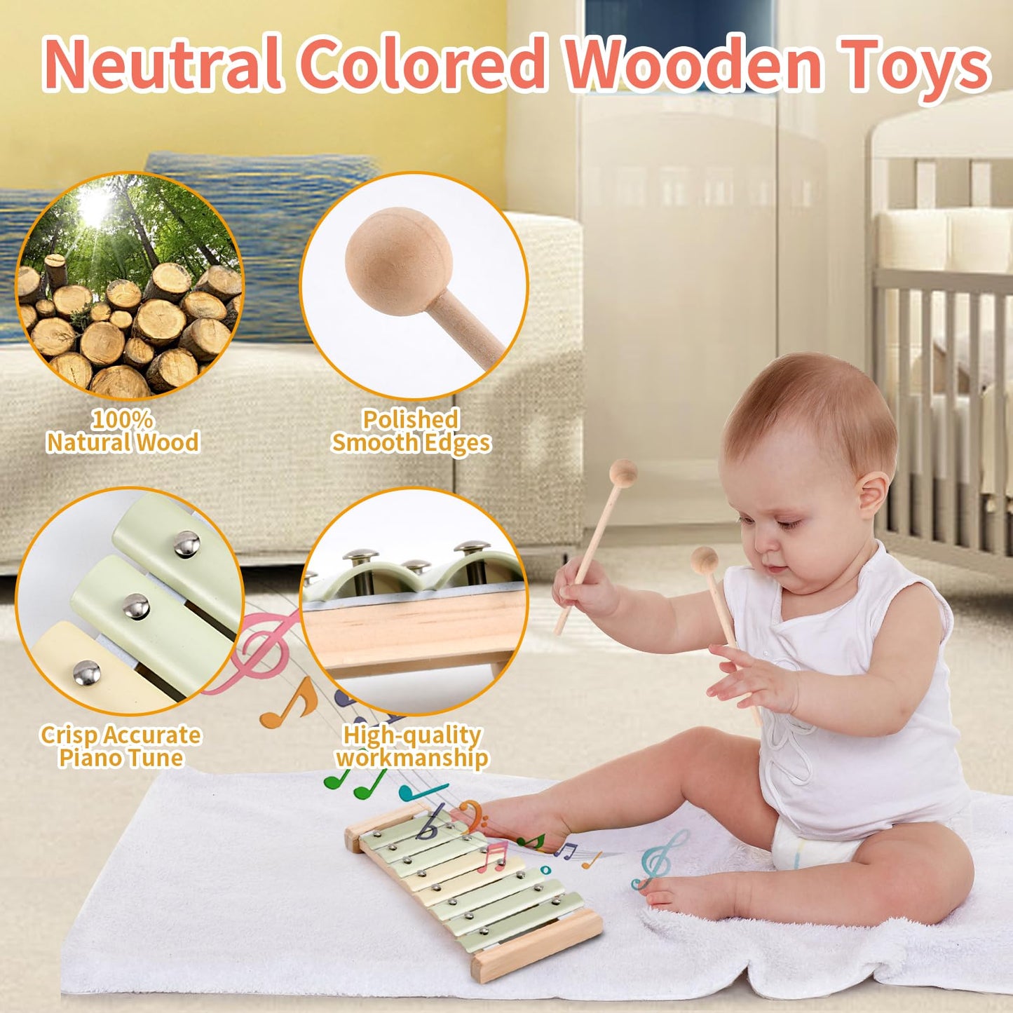 Ehome Xylophone, Musical Instruments Set Neutral Colors Wooden Montessori Toys Percussion Music Modern Boho Xylophone Birthday Gifts For 1 2 3 Year Old Kids Baby Toddlers Boys Girls