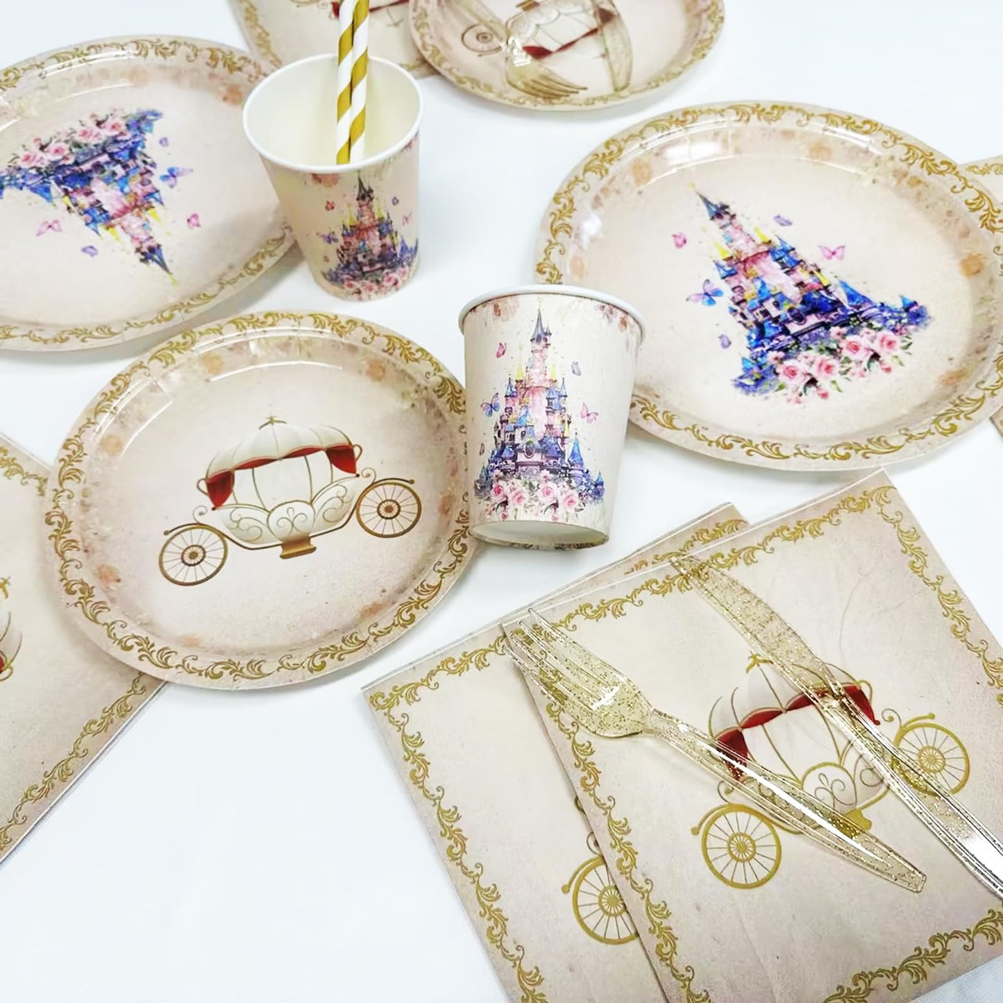 Aibiin 112 Pcs Princess Party Plates Princess Birthday Decorations Once Upon A Time Castle Princess Party Tableware Set Purple F