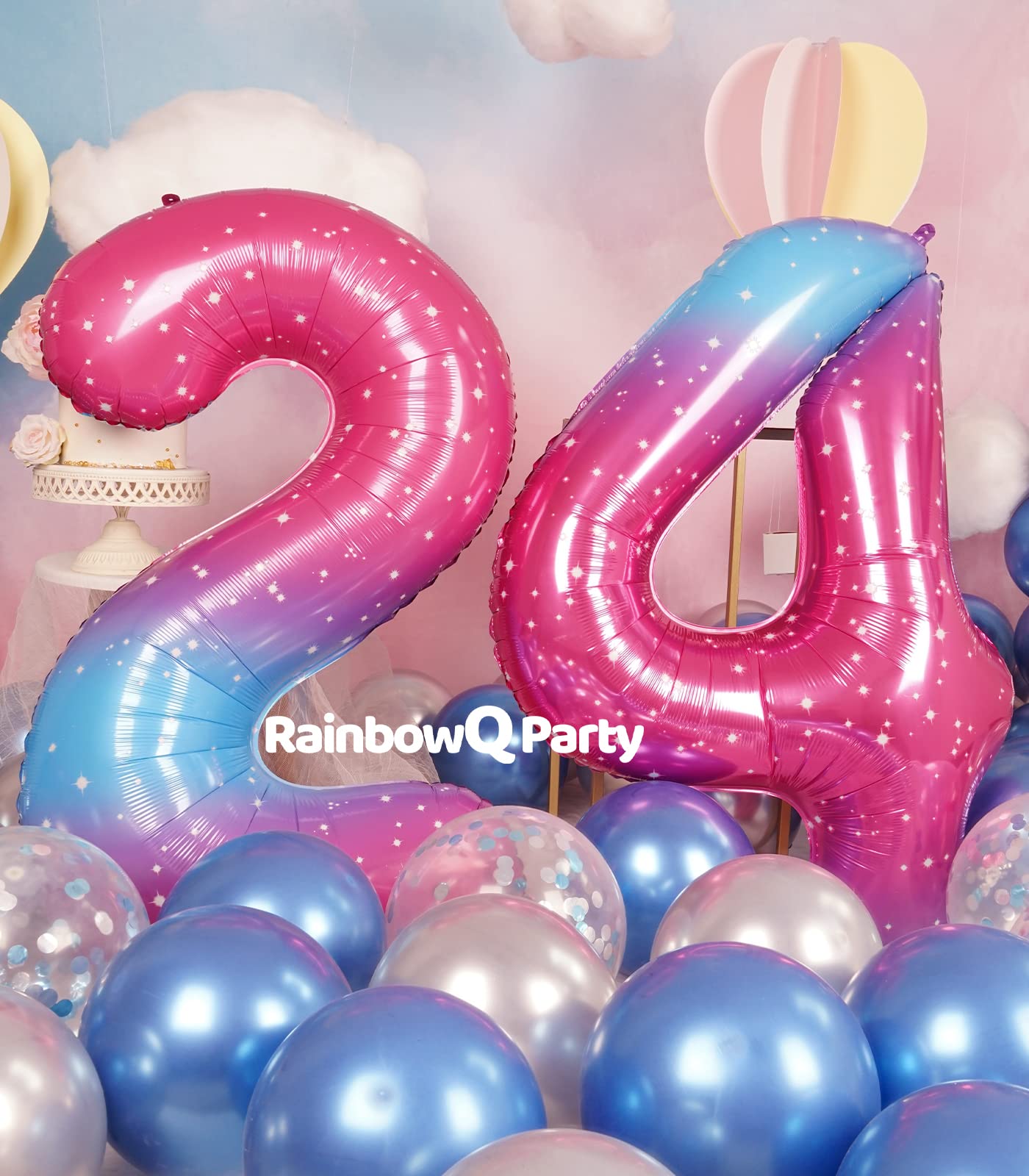 Rainbowq 24 Balloon Numbers 40 Inch For Women Big Starry 0-9 Foil Mylar Large Number 24 Balloons Happy 24Th Birthday Party Anniv