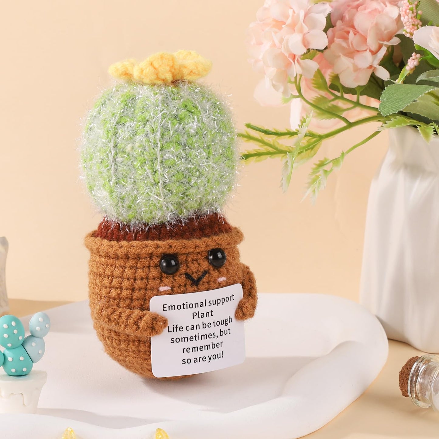 Positive Cactus Crochet, 4.3 Inch Handmade Knitted Cactus Toy Funny Potato Mexican Cactus Cute Emotional Support Life Plant Doll Gifts With Encouragement Card For Adults Kids Decoration