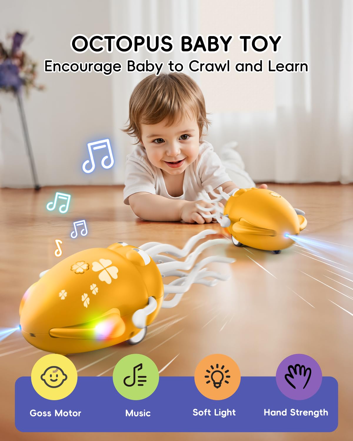 topfresh Electric Crawling Dancing Octopus Toy - LED Lights & Music, USB-C Rechargeable Tummy Time Toy for 36 Months-6 Years Tod