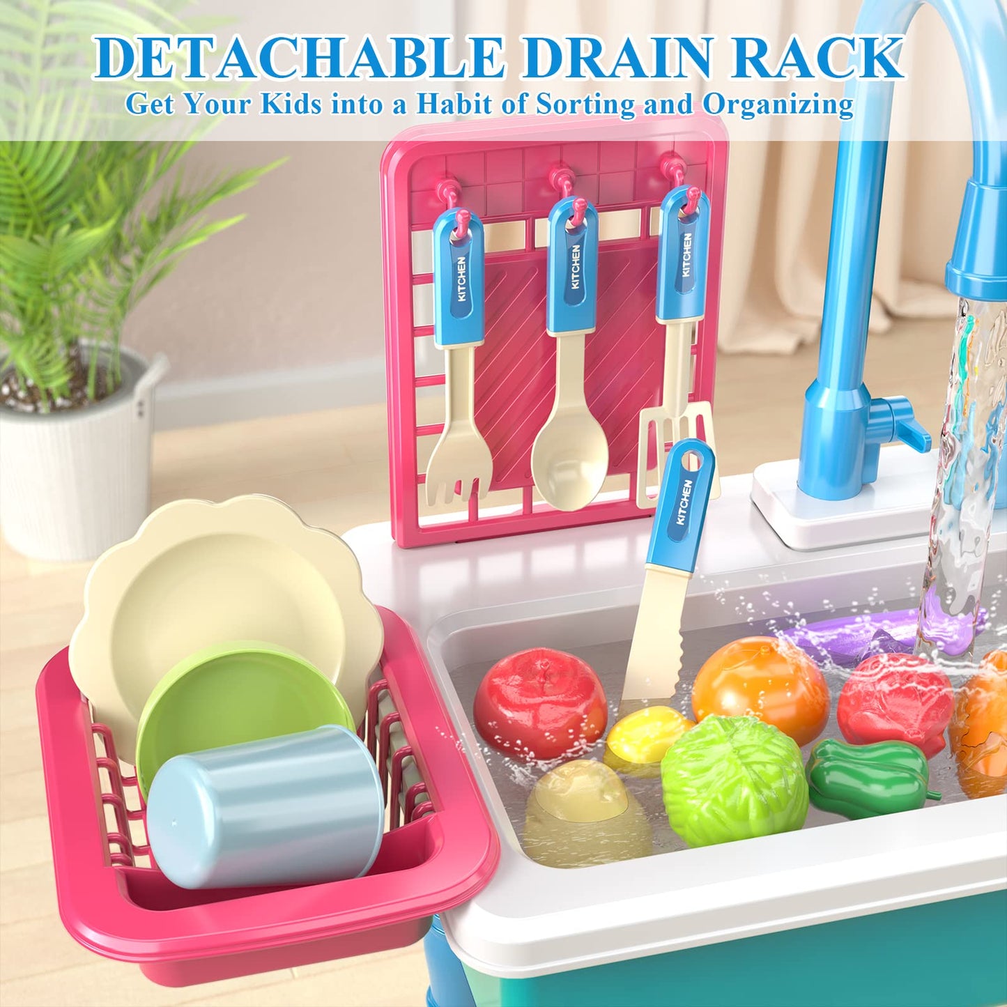 Smartchef Play Kitchen Sink Toys, Blue Electric Dishwasher Playing Toy With Running Water, Play Food & Tableware Accessories, Ki