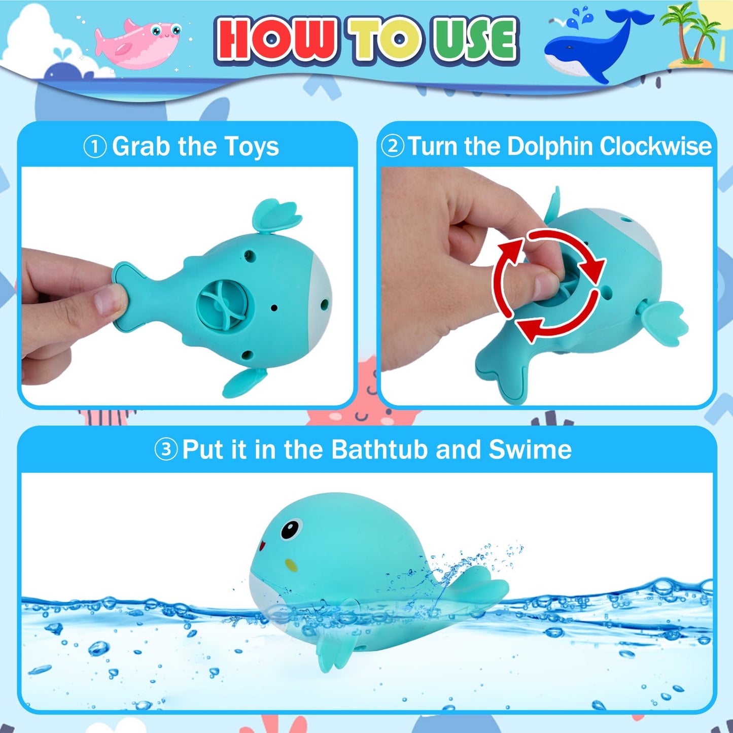 Ficcurys Baby Bath Toys 5 Pcs Set,Wind Up Bath Toys For Toddlers,Bathtub Toys For Kids,Dolphins,Crabs,Turtles,Ducks Floating Wat