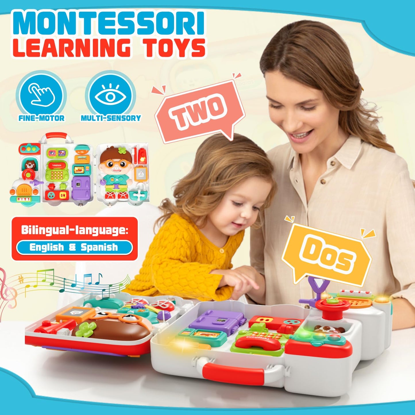 Busy Board Montessori Toys For 1 2 Year Old Boys Girls, Bilingual Learning Sensory Toys For Toddlers 1-3, Baby Musical Travel To