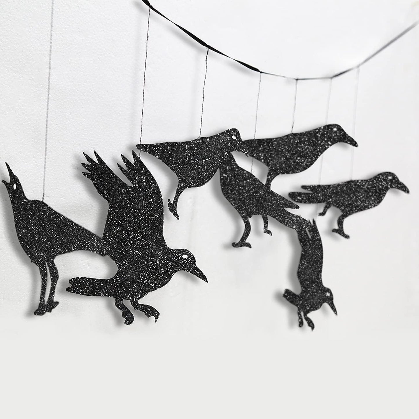 Glitter Black Crow Cage Decorations For Gothic Halloween Tree Hanging Decorations Raven Bird And Cage Banner Garland Centerpiece