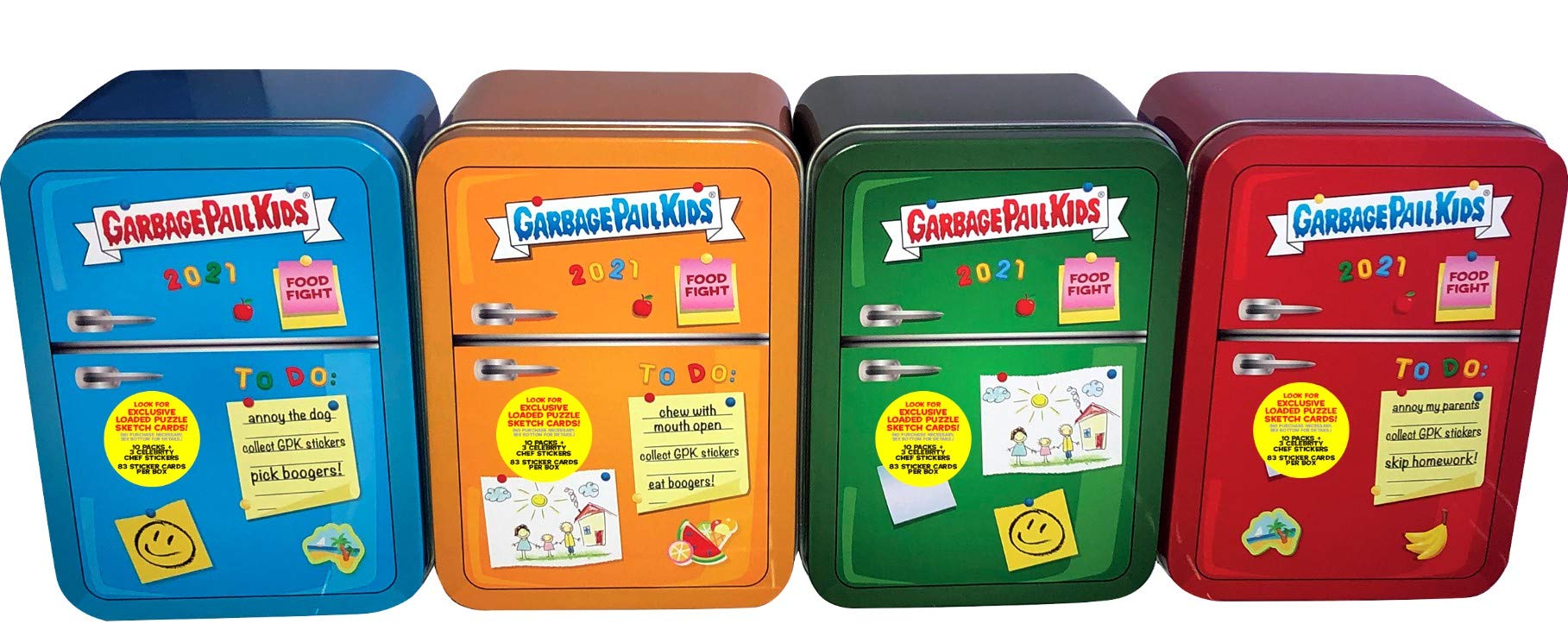 2021 Topps Garbage Pail Kids Food Fight Blue, Green, Red & Orange Set Of 4 Trading Card Collector Tins