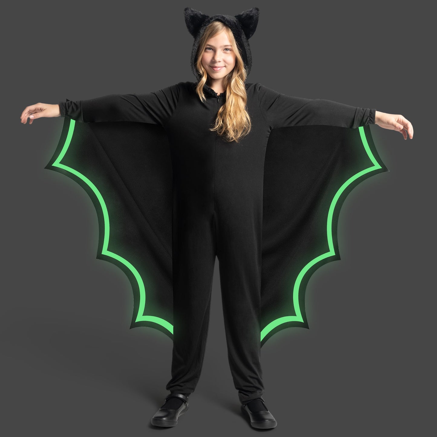 Spooktacular Creations Halloween Kid Bat Costume Glow in the Dark  Bat Wings Costume  Black Jumpsuit for Boy  Girls Halloween Dress Up-S
