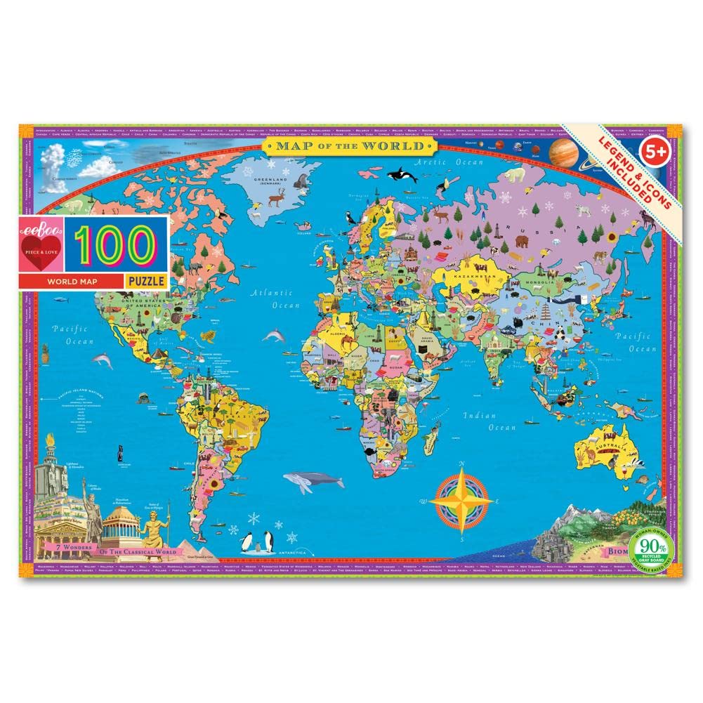 eeBoo: World Map 100 Piece Puzzle  Provides Wanderlust to All Ages  100 Glossy Pieces That Fit and Snap Together with Ease  Includes a Legends and Icons Glossary  Perfect for Ages 5 and up