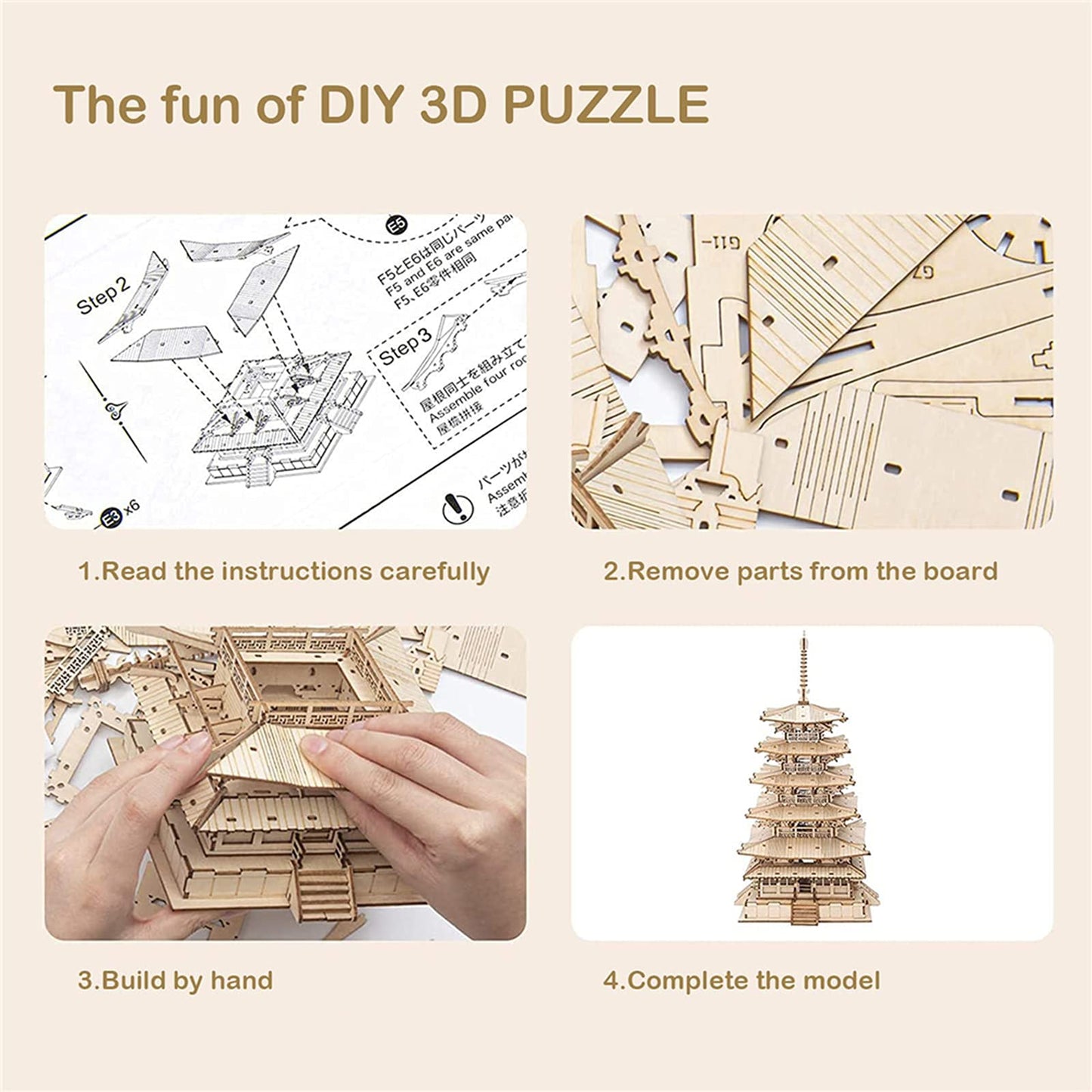 Rowood 3D Puzzles For Adults, Wooden Model Kits For Adults To Build, Gift On Birthday Christmas - Five-Storied Pagoda (275 Pcs)
