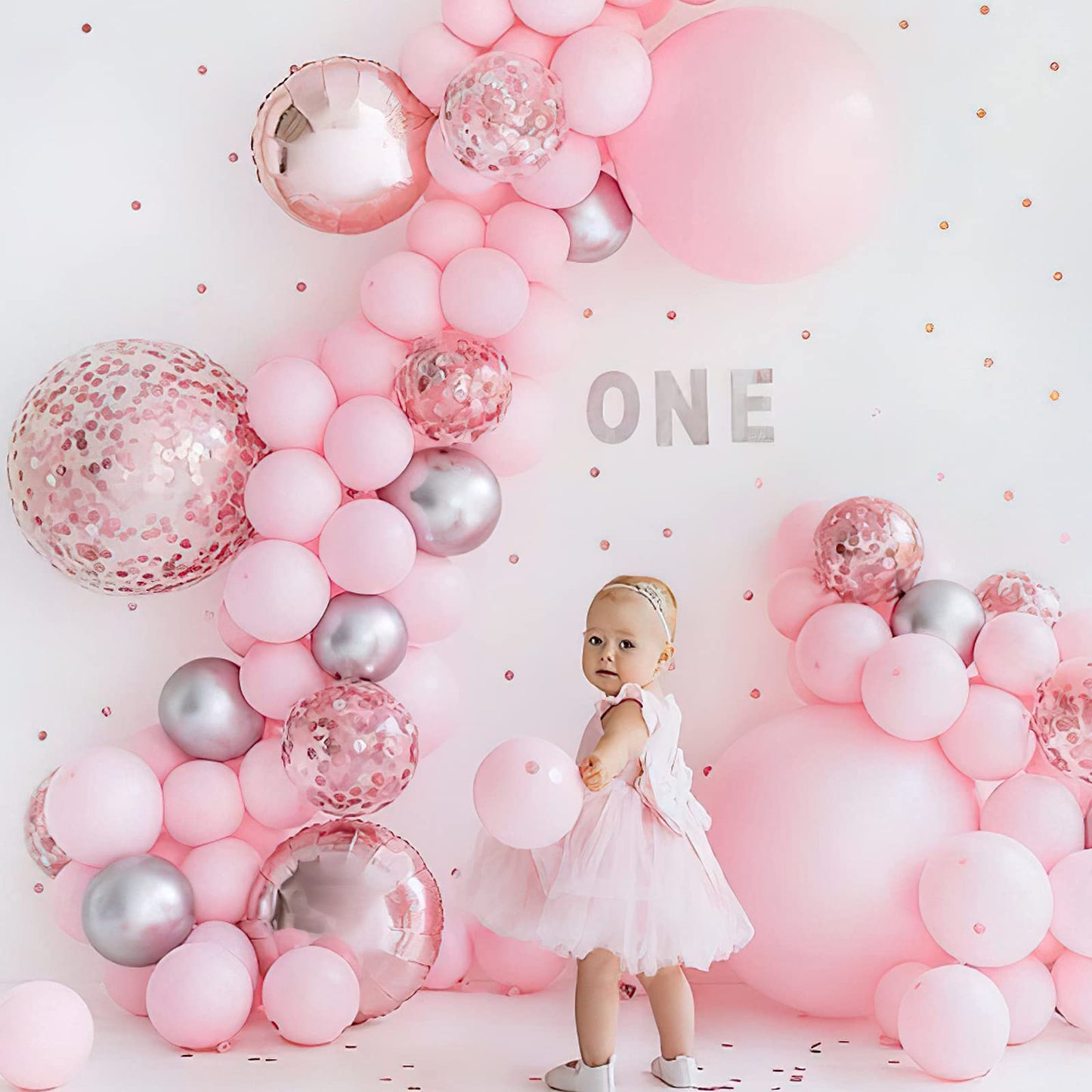 Partywoo Pink Balloons Set, 60 Pcs Pink And White Balloons, Silver Metallic Balloons, Silver Confetti Balloons, Party Balloons, Latex Balloons, Birthday Party Decorations, Pink Party Decorations