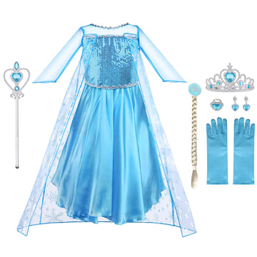 Aomig Elsa Dress Costume, 5Pcs Princess Dress Up, Princess Dress With Accessories, Princess Dress Costumes For Birthday Party Qu