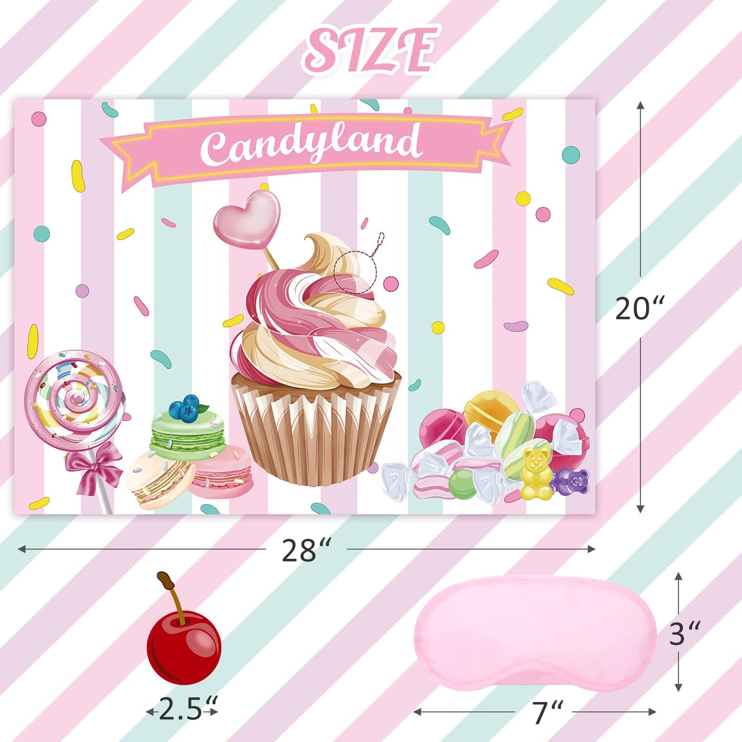 JOARHONAL Pin the Cherry on the Cupcake - Candyland Party Games for Kids Girls 20 x 28 Candy Land Game Poster with 24 Reusable S