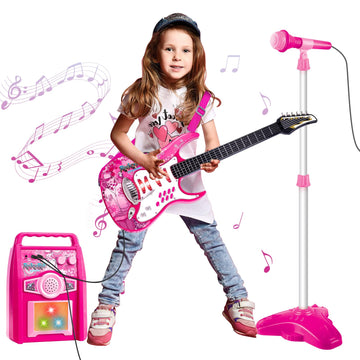 Deao Musical Guitar Play Set,Djustable Height Microphone,Amplifier Set With Stand,Music Light Karaoke Music Toys Birthday For Kids Boys Girls