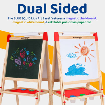 Blue Squid Art Easel For Kids - Dual-Sided Adjustable Wooden Painting Easels, Ideal Christmas Gift For Toddlers And Kid - With Magnetic Chalk Board, White Board & Paper Roll, Includes Accessories