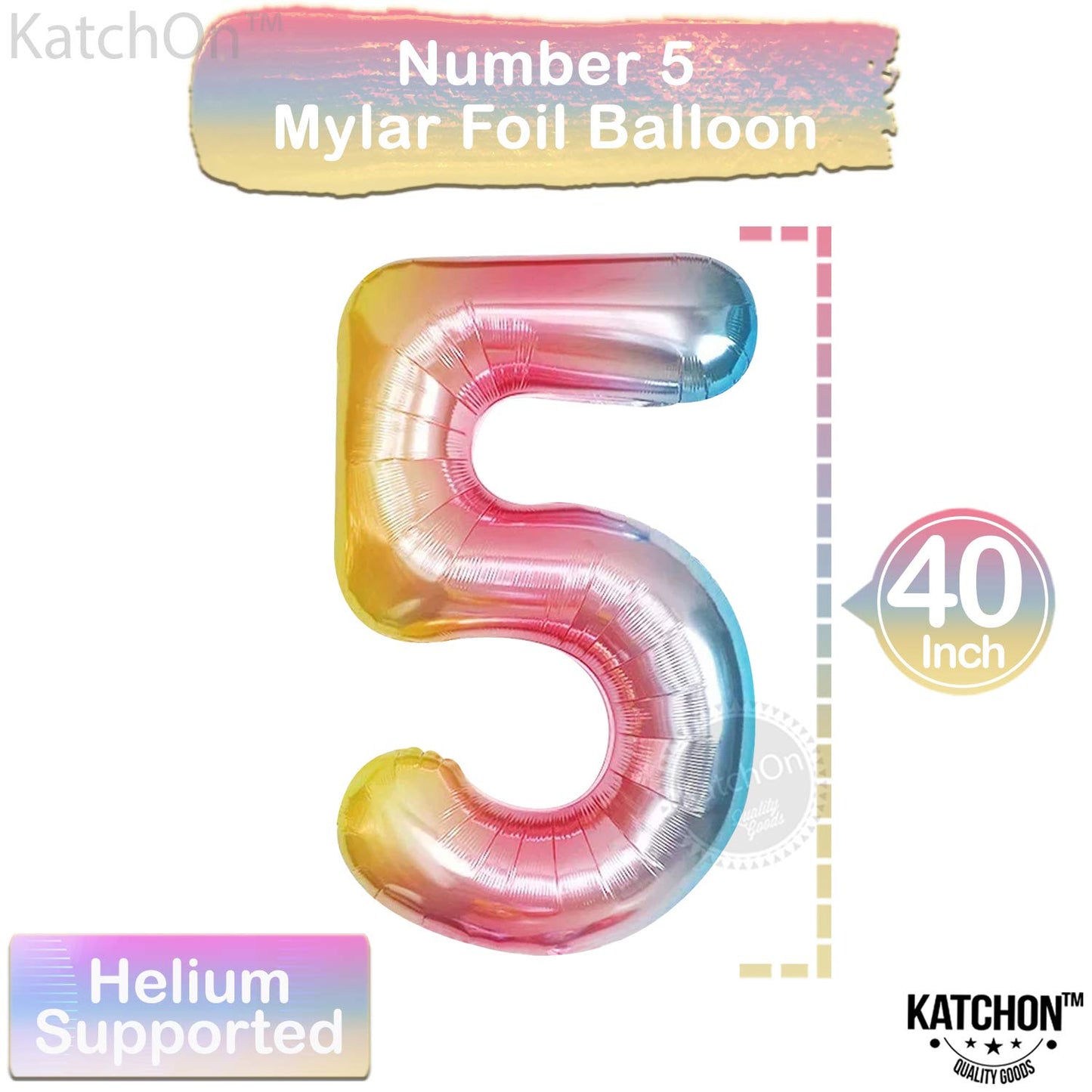 Katchon, Giant Rainbow Number 5 Balloon - 40 Inch | 5 Balloon Number For 5Th Birthday Decorations | Rainbow 5 Balloon, Rainbow Birthday Decorations | 5 Birthday Balloon, Unicorn Party Decorations