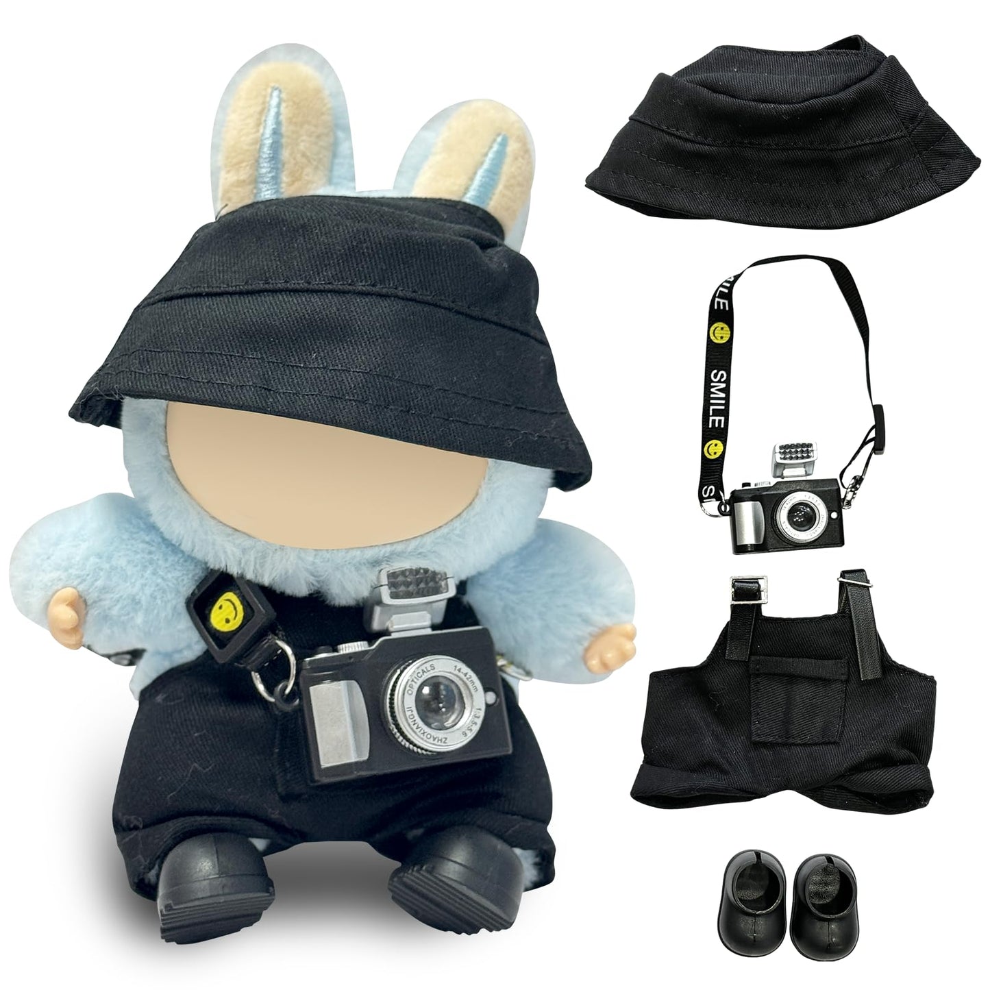 17cm Light Purple Outfit Set (Doll Not Included) - Bucket Hat  Overalls Shorts  Mini Camera & Shoes  Cute Style for 17cm Doll Dress-up (Black SC)