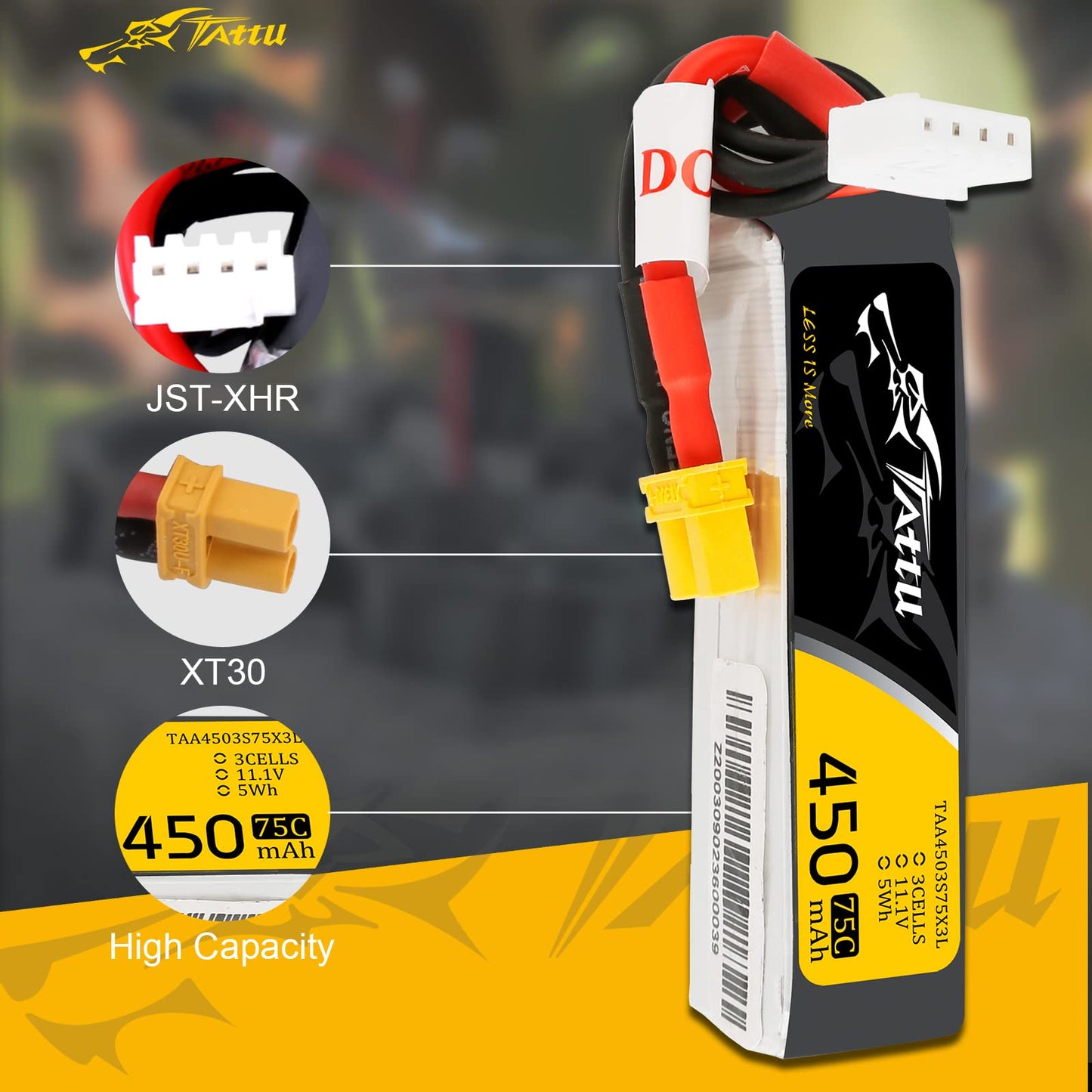 Gens ace Tattu 3S Lipo Battery 11.1V 450mAh 3S 75C Lipo Battery with XT30 Plug - Long SizeFor Micro FPV Racing Drone