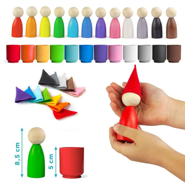 Ulanik Large Peg Dolls In Cups With Hats Toddler Montessori Toys For 3 Year Old + Wooden Waldorf Dolls For Learning Color Sortin