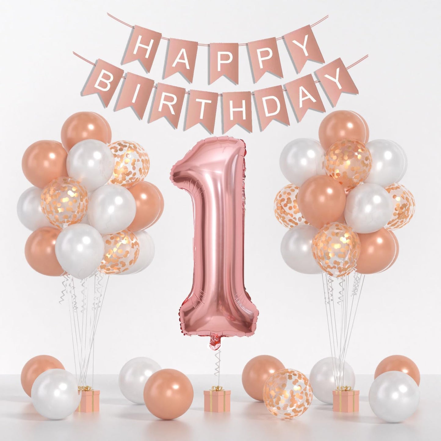 Rose Gold 40Inch Number 1 Balloon, First Birthday Decorations For Girl With Rose Gold White Confetti Balloons, Happy Birthday Ba