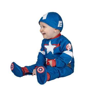 Marvel Captain America Official Infant Halloween Costume - enhanced Quality Minky Fabric Jumpsuit and Non-Slip Booties (0-6 Months) Blue