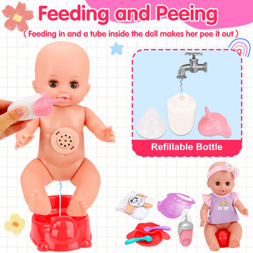 Tsomtto 12” Baby Doll Play Set Carrier Crossbody Baby Doll Diaper Bag Girl Pretend Play Toy Interactive Stuff Baby Doll Accessories For Toddlers 3-5 Realistic Babydoll Toy 2 3 4 5 Year Old Girl Gifts