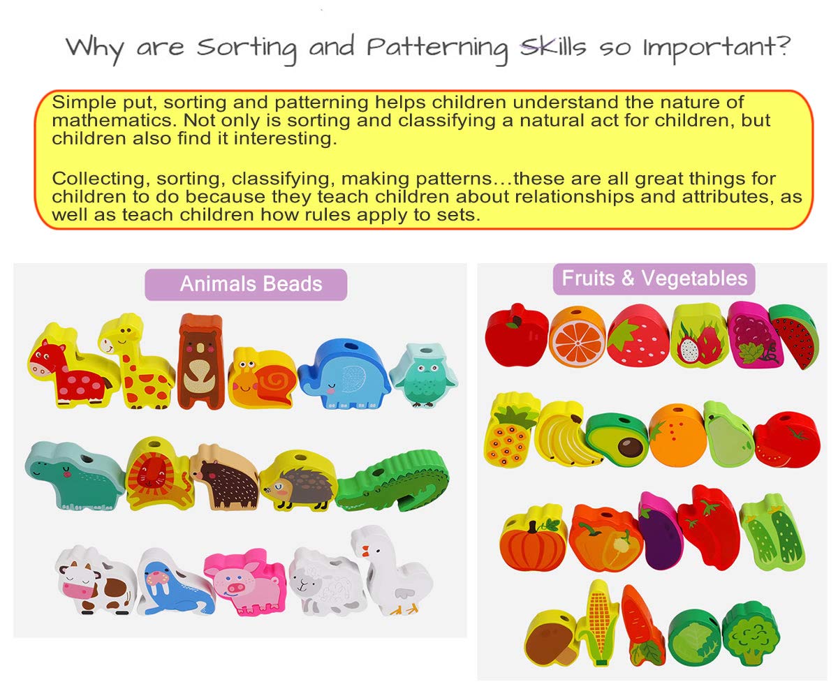 BMTOYS Montessori Wooden Stringing Beads Set - 42 Rainbow Farm Animals & Fruits for Toddlers 3-5 Years