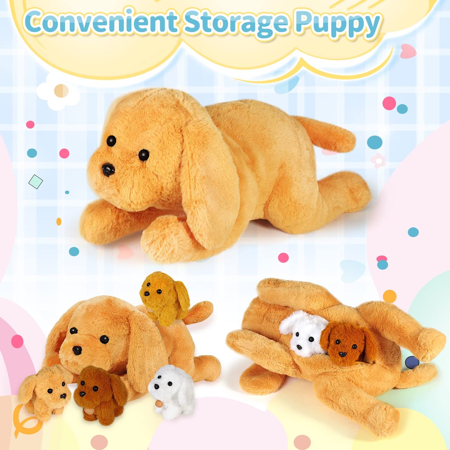 KMUYSL Puppy Stuffed Animals - Plush Mommy Dog with 4 Baby Puppies, Multicolor, Ideal Gift for Kids Ages 3-8