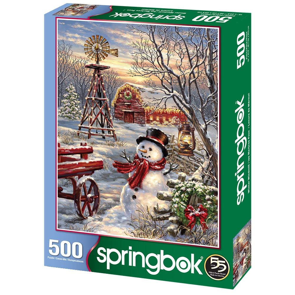 Springbok 500 Piece Jigsaw Puzzle - Winter Scene with Snowman & Red Barn - Made in USA - Multi-Color - Model 34-01605