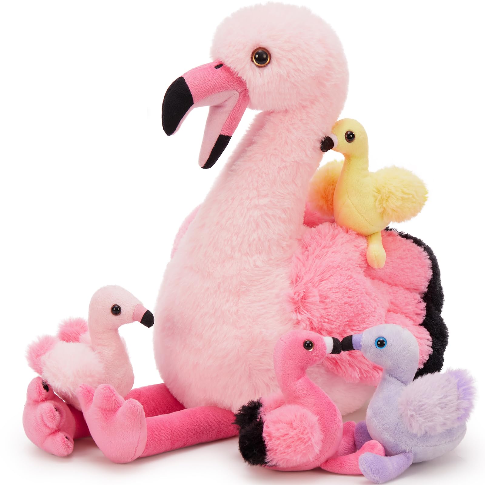 Tezituor Flamingo Stuffed Animal with 4 Babies 17.7  Pink Mommy Flamingo Plush with 4 Babies Soft Bird Toy for Kids Birthday Gift Nursery Decor