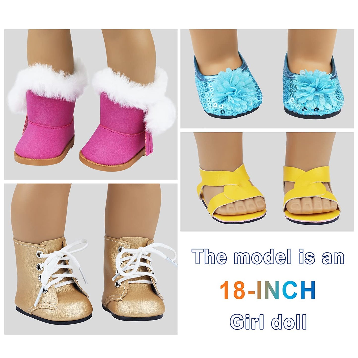 Ecore Fun 18 Inch Girl Doll Accessories Includes Random Style 9 Pairs Of Shoes Fit For 18 Inch Girl Doll Shoes Including Snow Boots, Leather Shoes, Sandals, Slipper