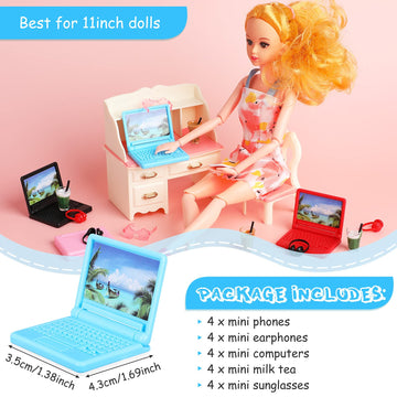 20 Pieces Dollhouse Accessories Doll Travel Accessories Mini Laptop Computer Phone Toy Miniature Glasses Headset Drink Toys Plas