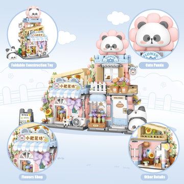 Street View Flower House Shop Mini Building Blocks, Moc Creative Building Toys Cute Panda Building Set For Kids 6-12, Simulation