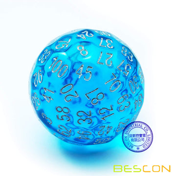 BESCON DICE Translucent Blue D100 Polyhedral Dice, 100 Sided Cube, 45mm Transparent Game Dice for RPGs and Tabletop Games