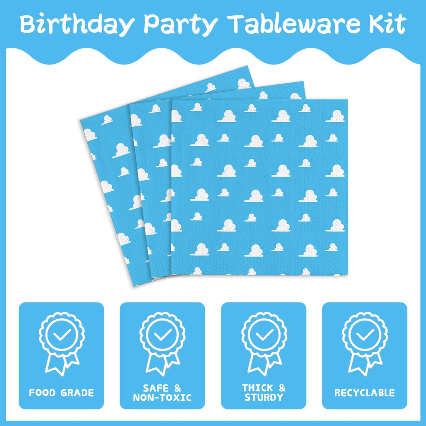 AURORAPARTY 120 Pcs Blue Sky Paper Plates Birthday Party Tableware Set White Cloud Napkins Forks Cartoon Story Party Decorations