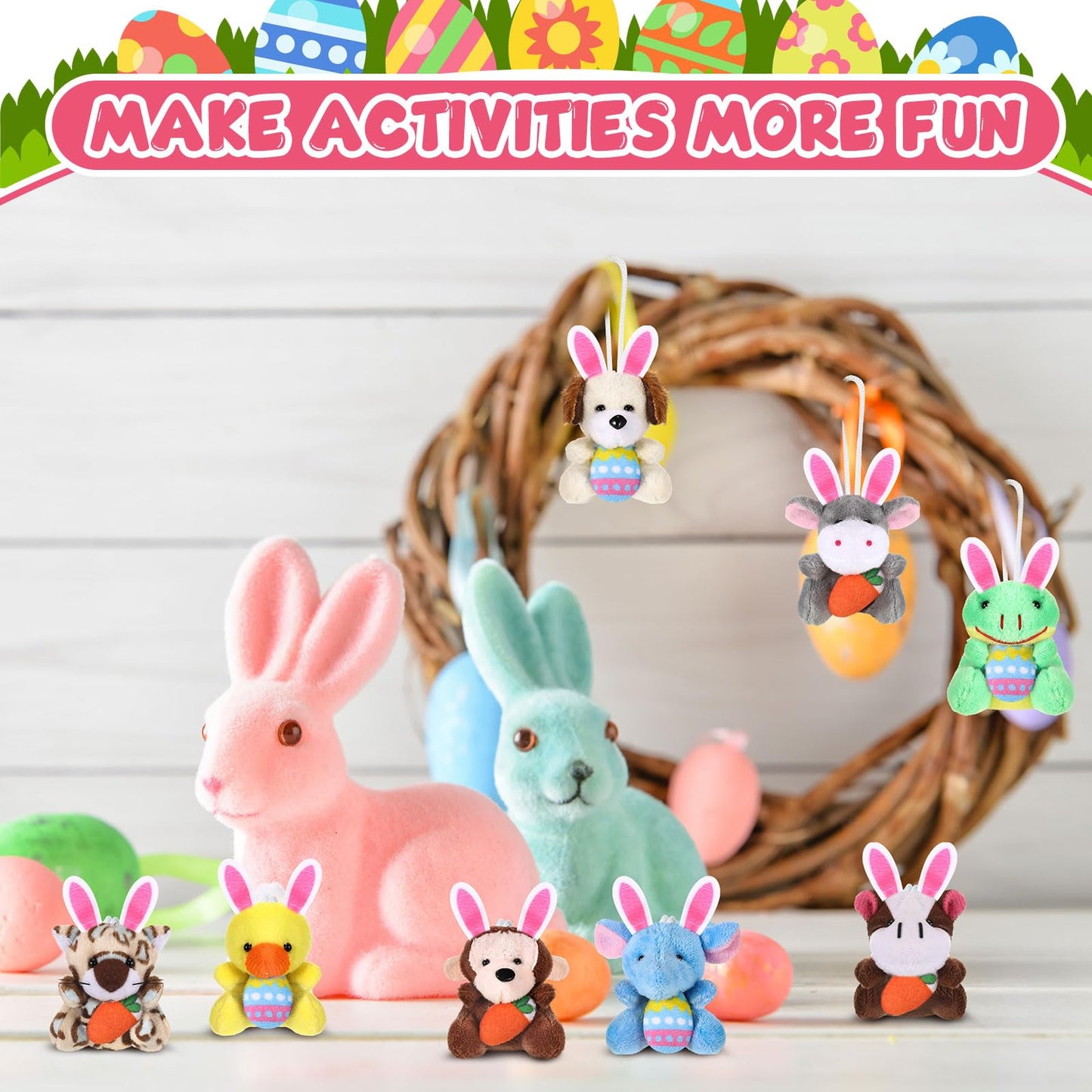 Blueweenly 24 Pcs Easter Mini Animal Plush Toy Set Small Stuffed Animal Bulk with Easter Eggs Bunny Ear Small Plush Keychain for