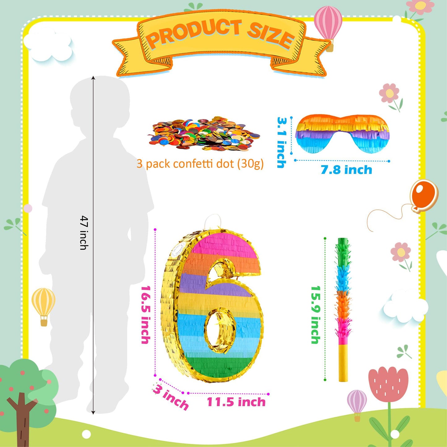 MUWOOB Rainbow Number 6 Pinata for 6th Birthday Party Decorations, Fiesta, Kids Anniversary Celebration, Birthday Pinata with St