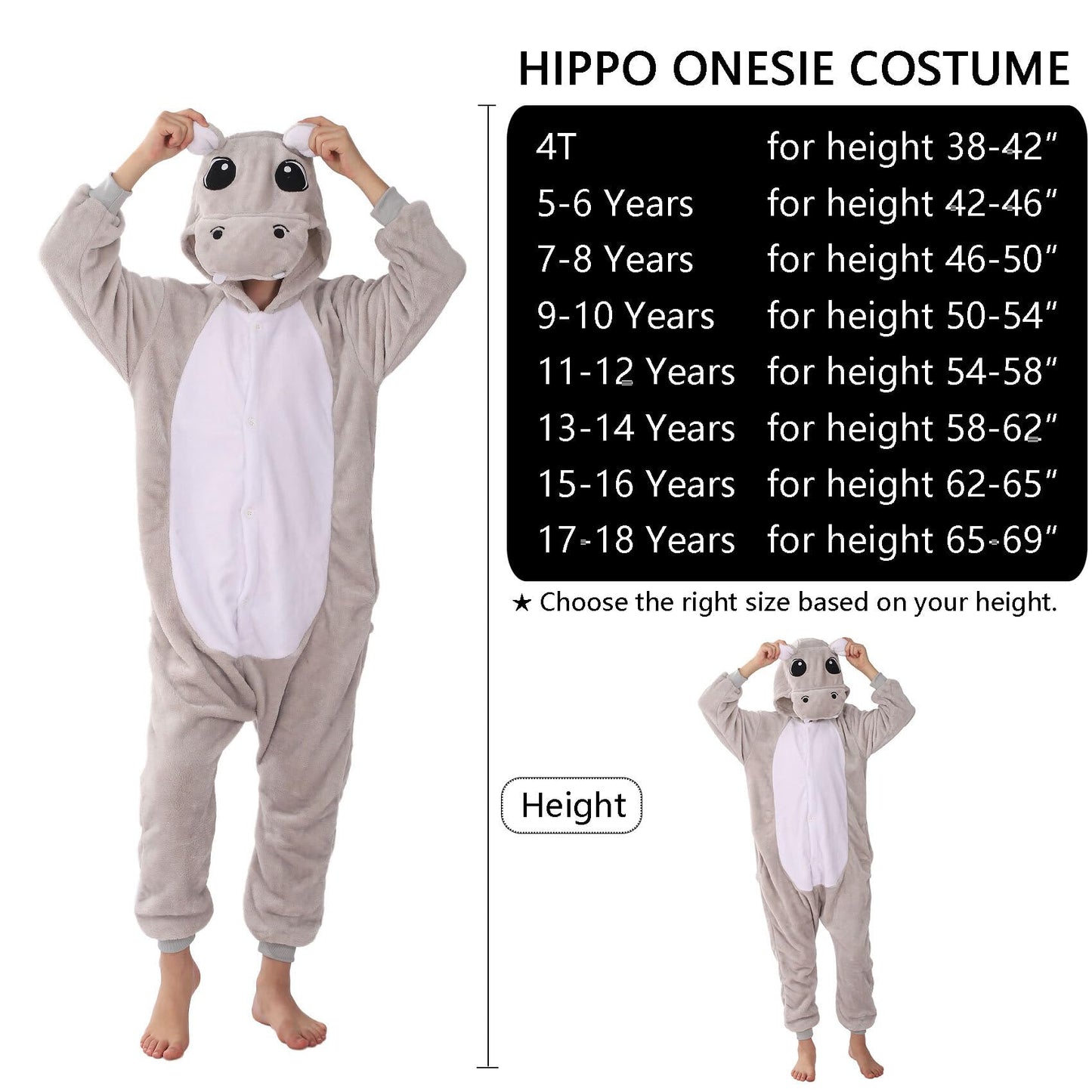 WAFUNNE Animal Onesie Costume for Kids Child Boys Girls Womens Mens Cosplay Halloween Costumes Easter Onesies Grey Hippo 110