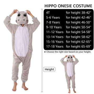 WAFUNNE Animal Onesie Costume for Kids Child Boys Girls Womens Mens Cosplay Halloween Costumes Easter Onesies Grey Hippo 110