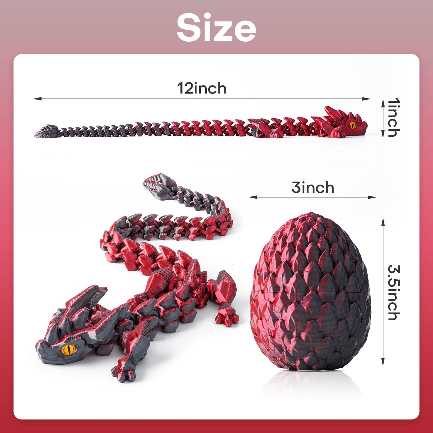 FYEFKJSA 3D Printed Dragon Eggs with Dragon Inside - 12Inch Articulated Fidget 3D Printed Animals  Interesting Decorative Gift  Easter Basket Essentials Stuffers (Black Red)