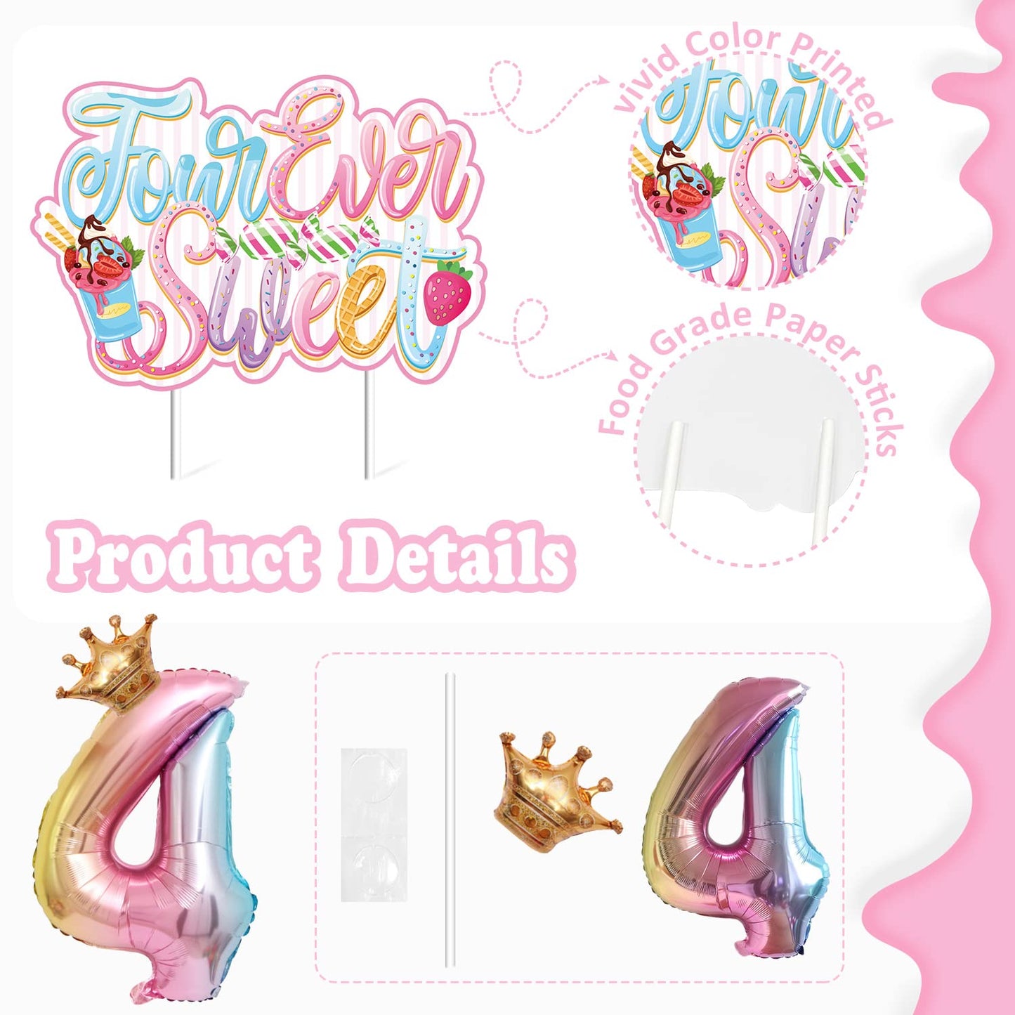 Juyrle Four Ever Sweet Birthday Decorations Girl- Ice Cream Birthday Party Decorations With Donut Banner Ice Cream Cake Toppers 4Th Foil Balloon Arch For 4 Year Old Macaron Birthday Party Supplies