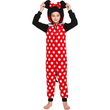Rabtero Kids Hooded Animal Onesie Costume, Toddlers Mouse Costume, Unisex Red And White Polka Dot One Piece Pajamas, Halloween/Christmas/Carnival Cosplay Costume For Kids 8-10