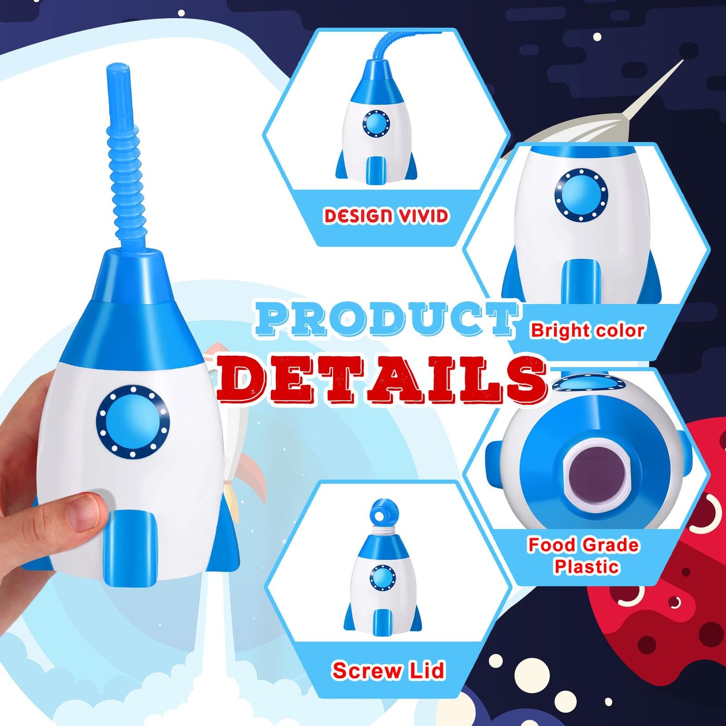 Tanlade Space Cups Bulk Plastic Rocket Shape Cups Rocket Bottles with Straws Universe Themed Party Favor Gift Supplies, Reusable