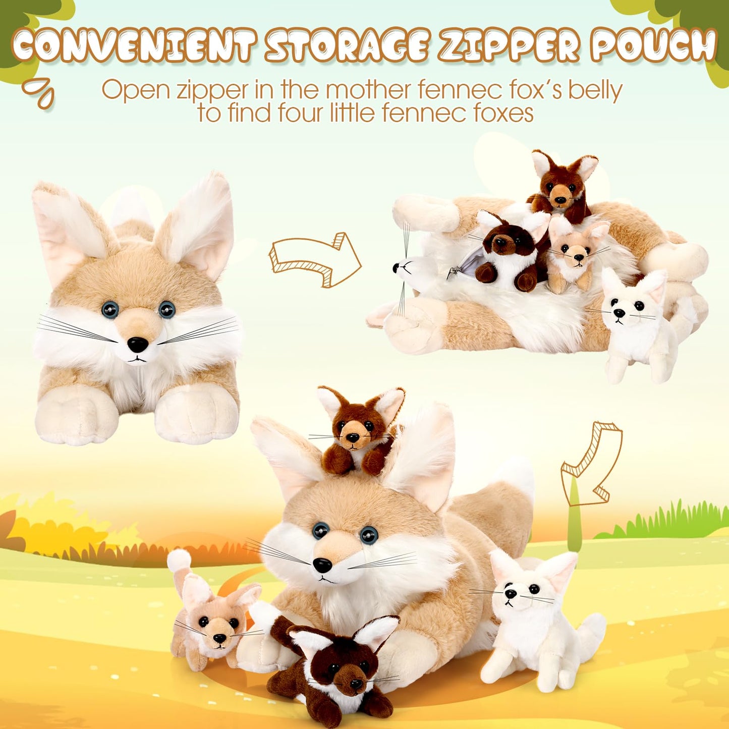 HyDren 5 Pcs Woodland Animals Plush Toy Set - 13.4 Inch Beige Fennec Fox with 4 Cute Baby Foxes - Soft PP Cotton, Perfect for Gifts