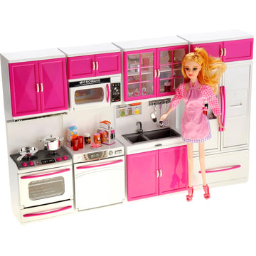 PowerTRC Doll Kitchen Play Set, Mini Modern Toy Pink Kitchen Pretend Furnitures Toy Set Accessories Set with Realistic Light & S