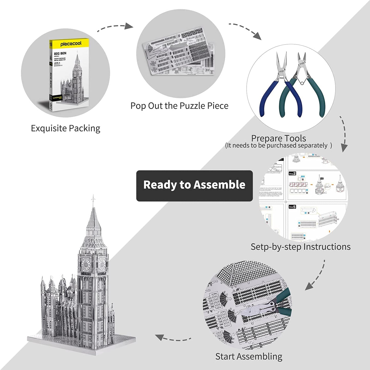 Piececool 3D Puzzles For Adults Metal Big Ben Model Kit, The Clock Tower London Architecture Building Kit, Stem Toys For Teens B