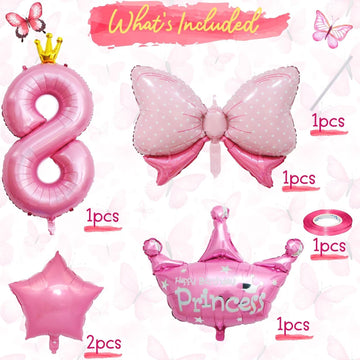 Pink 8Th Birthday Decorations, Pink 8Th Birthday Balloon Set With 40 Inch Pink Number 8, Large Helium Foil Mylar Princess Crown Balloon, Pink Bow Foil Balloons For Girls Birthday Party Decoration