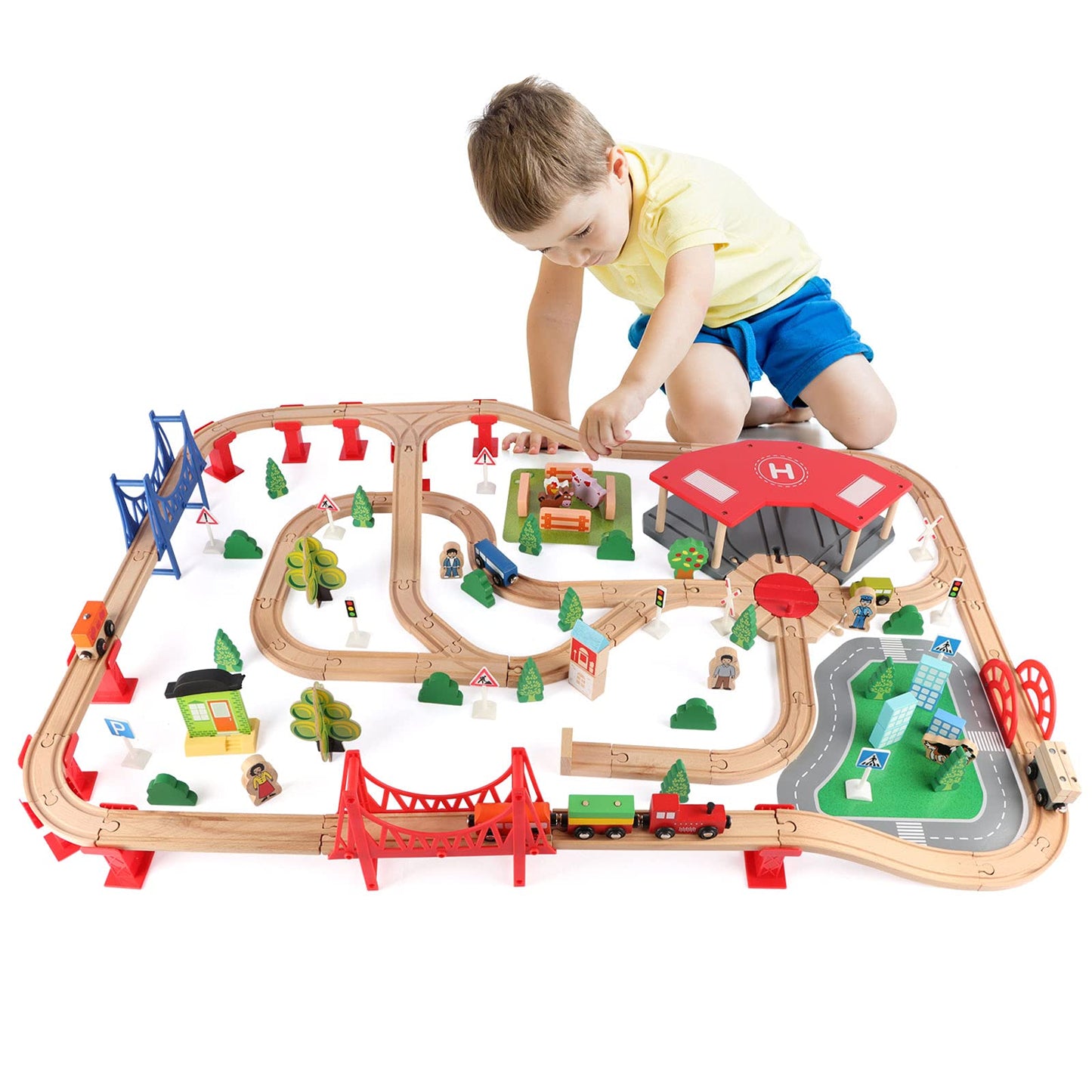 Qilay 140 Pcs Wooden Train Set  Delux Toddler Train Set Railway Kits for Kids  enhanced Wood Friendly Building Construction City Train Tracks Toy for 3 4 5 Year Old Boys and Girls