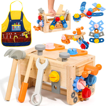 TONZE Kids Tool Set with Apron, Wooden Toddler Tool Bench Montessori Toys for 3 4 Year Old, 39 PCS Educational STEM Construction