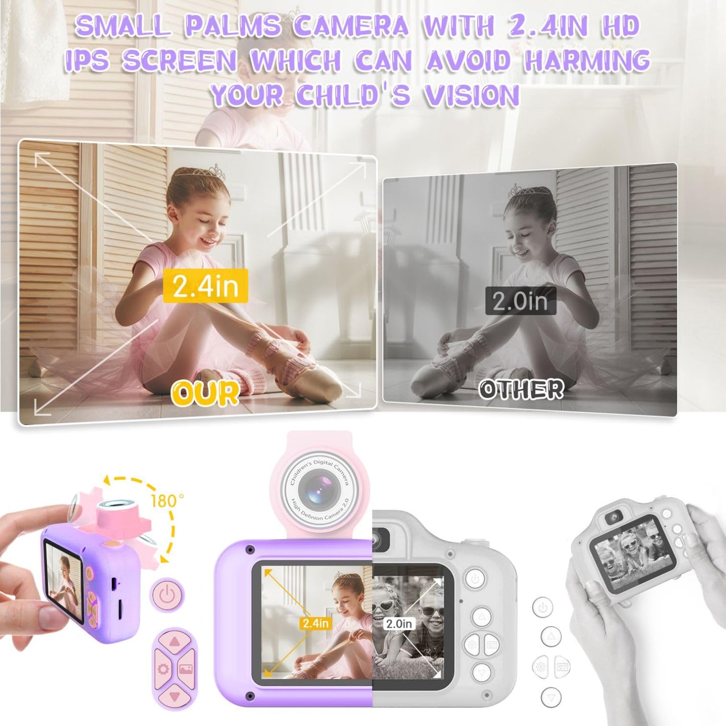 ARNSSIEN 2.4 Purple Kid Camera - Digital Selfie Camera with 180° Flip Lens & Playback Game for Ages 4-11, Perfect Christmas/Birthday Gift